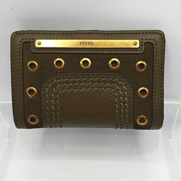 Fossil Bifold Wallet Khaki Green Pebble Leather & Suede - Picture 1 of 7